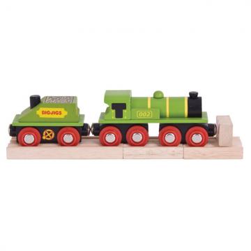 Bigjigs Rail Zelená lokomotiva s tendrem + 3 koleje